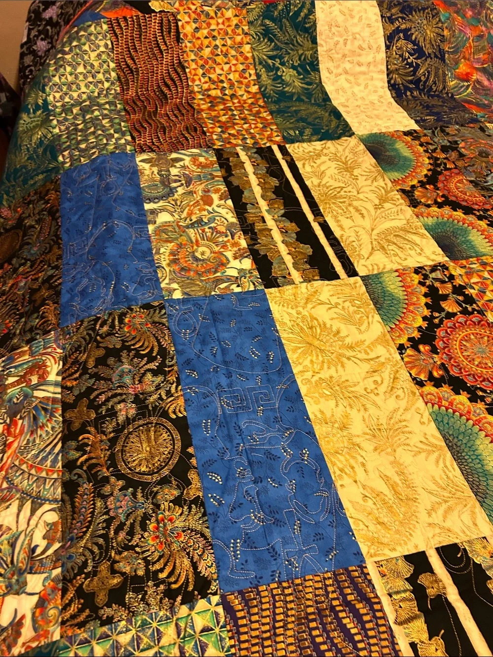 ONE OF A KIND- HANDCRAFTED Quilt W/Pharaoh Stiches, Multicolor Metallic